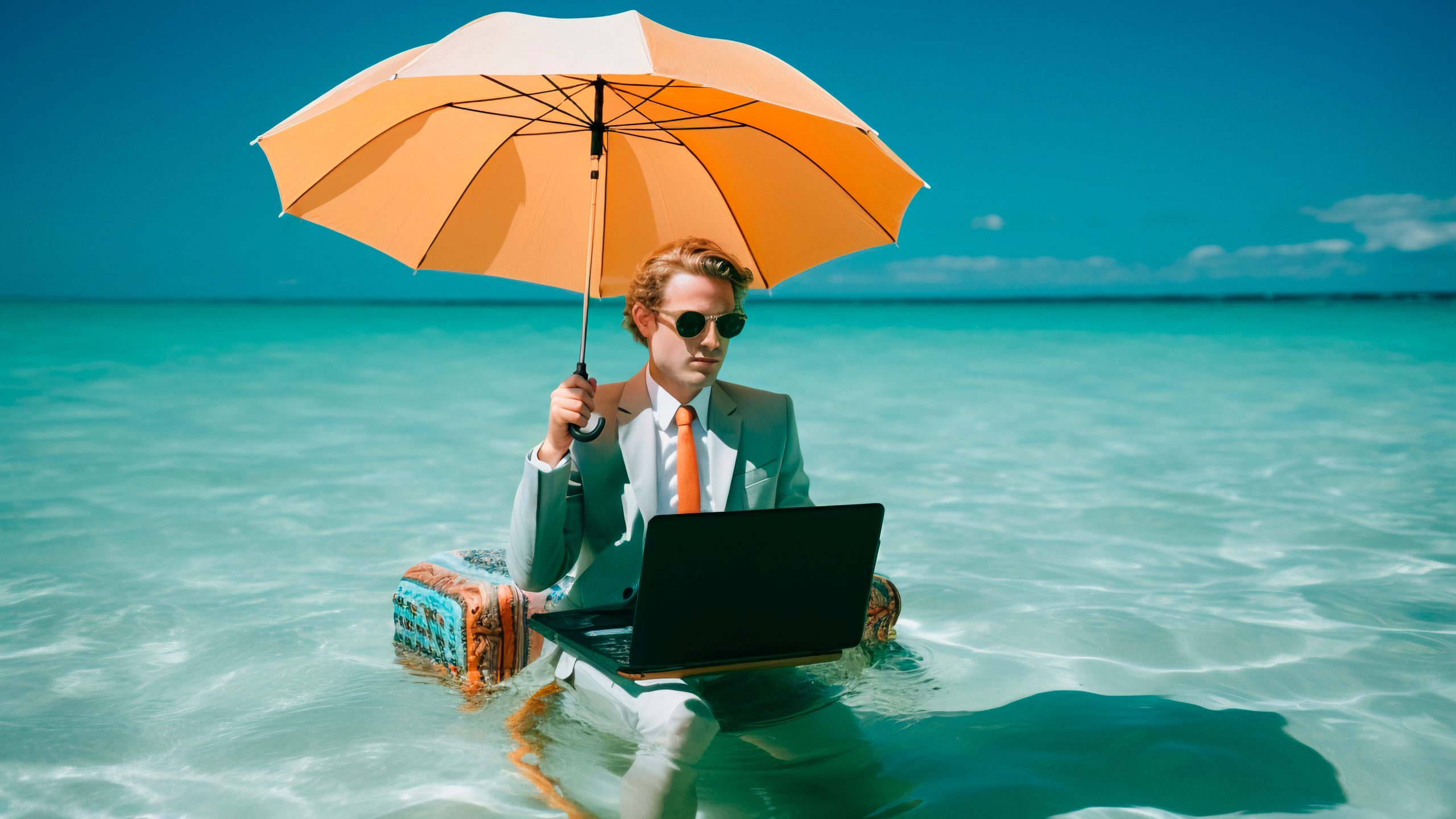 Hombre en el mar con sombrilla y notebook
